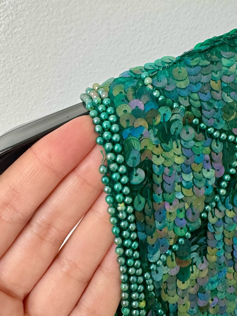 Vintage Emerald Green Sequin Sleeveless Scallop Hem Peek-a-boo Back Dress - Picture 11 of 11
